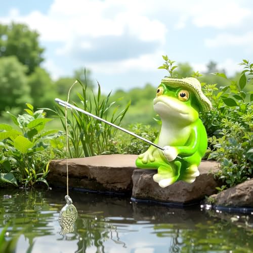 ARTGUTS Gartenteich Deko Angeln Harz Figur, Miniteich Angler für Garten Landschaft, Froschfigur Draußen Deko für Garten Balkon Terrasse Gartenteich Teichdeko Geschenk (Froschfigur)