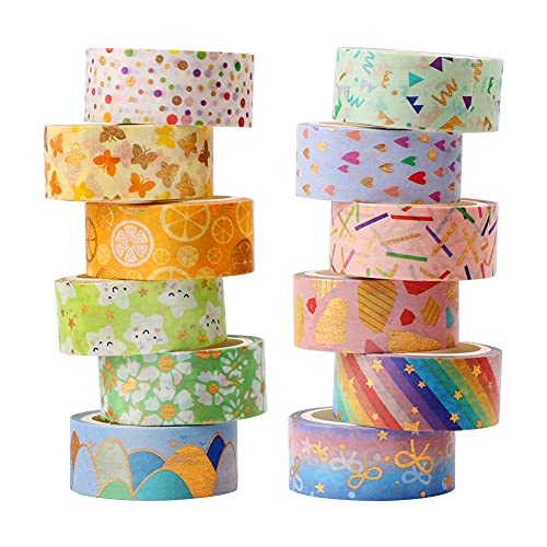 Washi Tape,12 Rollen Washi Klebeband Set Dekoratives Washi-Tape Niedliche Goldfolie Blume Dekorative Masking Tape für DIY Art & Crafts,15mm x 3m