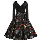 Weihnachtskleid Damen Elegant Langarm Cocktailparty Vintage Maxikleider A Linie Vintage Partykleid Weihnachtlich Bedruckt Cocktailkleid Festliche Kleider Für Frauen (C01&Black, XXL)