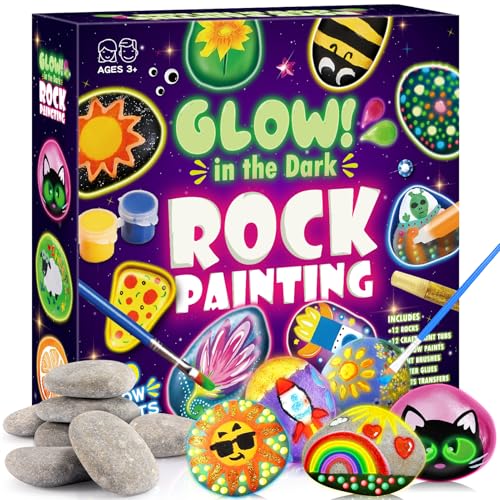 Steine zum Bemalen, Bastelset Kinder ab 5 6 7 8 9 10 Jahre Geschenk Mädchen 6-12 Jahren Basteln Mädchen 6-10 Jahre Ostern Geschenk 12 Stück Steine Bemalen Set mit 20 Farben (Farbe Leuchtet Im Dunkel)