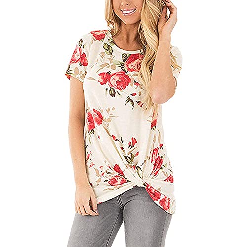 Damen Sommer Tops Floral Kurzarm Rundhals Tunika T-Shirt Twist Geknotete T-Shirts Komfort Locker Sitzende Bluse (M,Weiß 1)