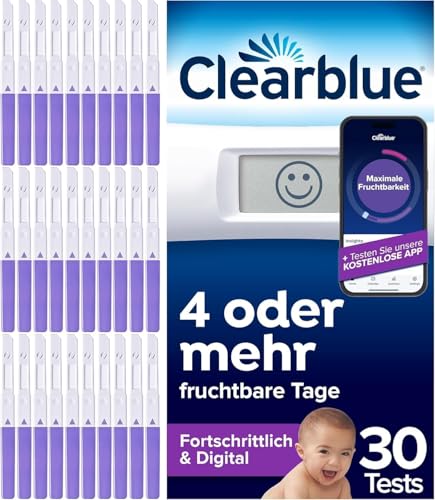 Clearblue Kinderwunsch Ovulationstest Kit, 30 Tests + 1 digitale Testhalterung, Fruchtbarkeitstest für Frauen / Eisprung, Fortschrittlich & Digital (testet 2 Hormone), schneller schwanger werden