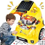 Herefun Auto Schrauben Kinder mit Bohrmaschine, Großer Traktor zum Schrauben Spielzeug Set mit Licht und Sound, Motorblock Reparatur-Funktionen, Lernspielzeug Geschenke Jungen Geburtstag 3-8 Jahre