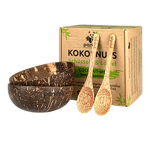 pandoo Kokosnuss Schalen 2er Set mit Kokos Löffel | 100% Naturprodukt | Plastikfreie Alternative - Handgefertigt mit Kokosöl poliert | Coconut Bowls Schüsseln | Müslischale, Kokosnuss Schale