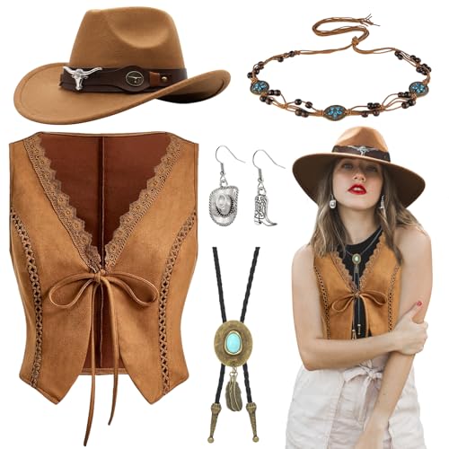 5 Stück Western Cowboy Kostüm Set für Damen, Cowgirl Kostüm Accessoires Kit mit Cowboyhut Weste Halskette Ohrringe Taillenkette für Karneval Fasching Halloween Cosplay