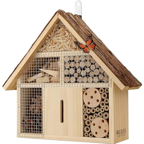 WILDLIFE FRIEND Insektenhotel Rindendach - 28x29,5x9 cm Wetterfestes Bienenhotel mit Bambusröhren und Nistkammern - Schmetterlingshaus für Garten und Balkon - Klein