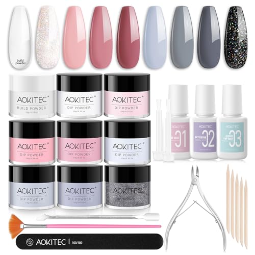 Aokitec 23 Stücke Dipping Powder Nails Set mit Build Powder - Glitzer Schwarz Grau Weiß Rosa Dipping Powder mit Dip Liquid Base Top Gels Nagel Zubehör Nagel Set Anfänger, Nägel Selber Machen