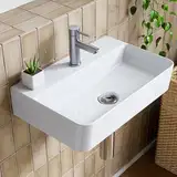 HOROW Waschbecken Wandmontage Keramik Weiß, Hängewaschbecken Rechteckig 46x30cm, Aufsatzwaschbecken mit Hahnloch ohne Überlauf, Handwaschbecken Klein Gäste WC