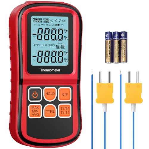 Dual Digitales Thermometer, CAMWAY Temperaturmesser mit 2 Channels K-Type & LCD Anzeige Hintergrundbeleuchtung, Thermoelementen Sensor Sonde Temperaturmessgerät für Thermoelement Typen K/J/T/E/R/S/N