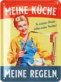 LANOLU Retro Blechschild Küche - Vintage Schild mit Spruch - MEINE KÜCHE MEINE REGELN - lustige Wanddeko Küche - Poster als Metallschild mit Stanzung 15x20 cm