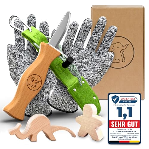 Eli® Schnitzmesser Kinder mit Filztasche ab 6 Jahre - hochwertiges Kindermesser Schnitzset inkl. schnittfeste Handschuhe - Kinderschnitzmesser - Schnitzwerkzeug - Outdoor Messer