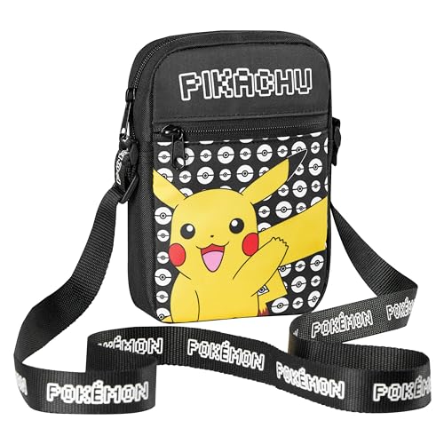 Pokemon Kinder Umhängetasche, Pikachu Reisetasche mit Verstellbarer Schultergurt, Großes Hauptfach mit Reißverschluss Kinder Geschenke (Schwarz Pikachu)