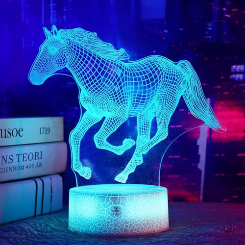 OkiyiD Pferd Geschenke für Mädchen, Pferd 3D Illusion Lampe Pferd Nachtlicht mit Fernbedienung + Touch 16 Farbwechsel + Timer Schreibtischlampen für Mädchen Zimmerdekor (Pferd 1)