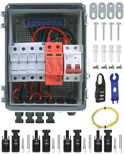 CNLonQcom Überspannungsschutz PV Solar Anschlusskasten 4 String DC 500V 63A Trennschalter Blitzschutz Mit Sicherung IP65 4 In 1 Out Für PV Anlage Komplettset