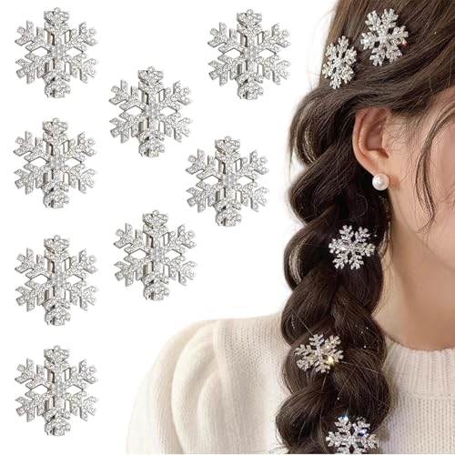 TELAIN Schneeflocken Haarspangen Für Mädchen, 8 Stück Weihnachtshaarschmuck Mit Perlen Und Strass, Vielseitig Für Partys Und Täglichen Gebrauch