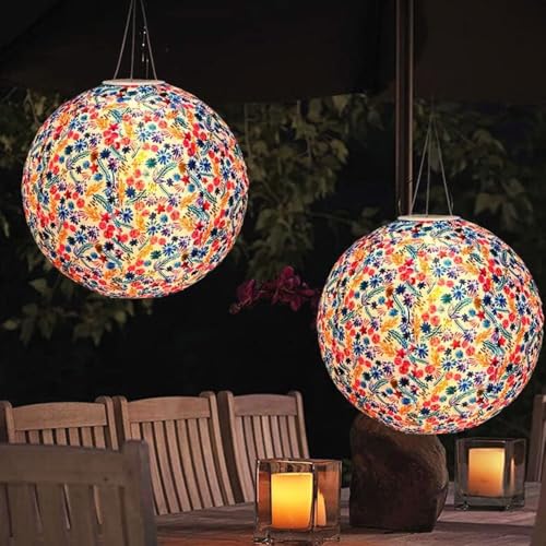 SKIKHN Solar Lampions Außen Wetterfest, 2 Stück 12 Zoll Lampions Solar Außen, Nylon Hängende Gartenlaterne, LED Solarlampions, Solarlampen für Außen Draußen, Garten, Hof, Hochzeit, Party
