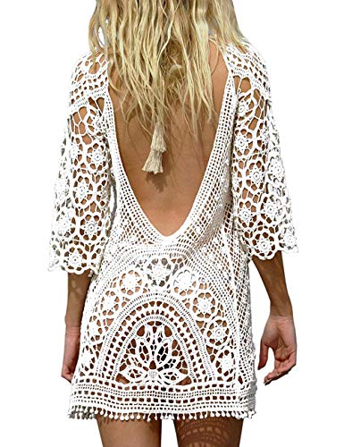 Uni-Wert Damen Bikini Cover Up Sexy Boho Rückenfrei Spitze Strandkleid Strandponcho Sommerkleider Weiß