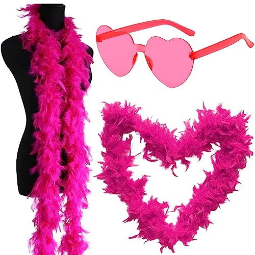 Flauschige Federboa für Damen, Modischer Feder Boa Türkei Federn Schal Kostüm Requisiten mit Rosenrot Randlosen Herzbrille Für Cosplay, Karneval Party,Bühnenshows, Kostüm Party(200cm,Rosenrot