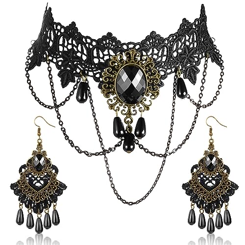 Cosplay Halloween Fête Schwarze Spitze Gothic Halsband mit Ohrringe Set Choker Halsband Damen Gothic Schmuck Lolita Dekoration Choker Kette Halloween Schmuck Set, Für Karneval, Halloween, Maskerade