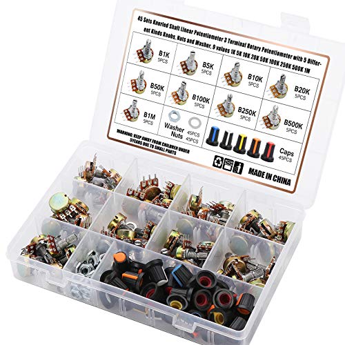 45 Stück Linear-Potentiometer, Potentiometer Mono Linear B1K B5K B10K B20K B50K B100K B250K B500K 1M Einzelpotentiometer, 3Pin Dreh-Potentiometer mit Muttern und Unterlegscheibe