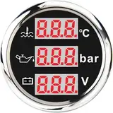 Geloo 52 mm 3-in-1 Voltmeter + Wassertemperatur Temperaturanzeige + Öldruckanzeige, Wasserdichter Edelstahl Stressrahmen, Ölkraftstoff Füllstandsanzeige mit Alarm für Auto, Boot, Marine, Yacht 9-32V