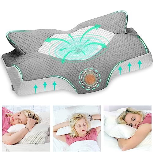 Elviros Orthopädisches Kopfkissen aus Memory Foam, Seitenschläferkissen Nackenstützkissen, Kopfkissen Nackenschmerzen, Ergonomisches Schlafkissen für Nacken-und Schulterschmerzen, 54x11/9x33cm, Grau