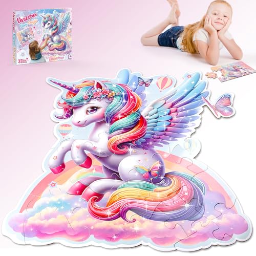 2 in 1 Einhorn Puzzle Spielzeug, 70x80 cm Bodenpuzzle ab 3 4 5 6 7 8 9 Einhorn Geschenke für Mädchen, Einhorn Puzzle ab 3 4 5 Jahre Mädchen, Einhorn Glitzerglück Spiel Geschenke Mädchen 3-9 Jahre