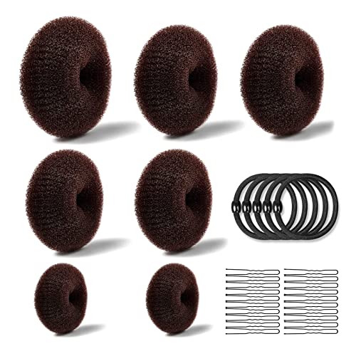 Donut Hair Bun Set,7 Stück Donut-Haarknoten(4Größe),mit 10 elastischen Haarband,20 U-Form Haarspange Haarnadel,Duttkissen Frisurenhilfe Set,Haarknoten Former(Brown)