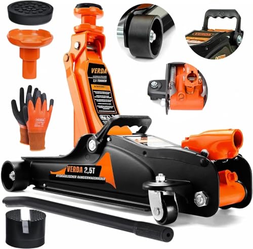 Hydrualischer Wagenheber 2,5T, 85-365mm + 2X Gummi + Montagehandschuhe Rangierwagenheber Auto Heber Profi Werkstatt, Wohnmobil, Geländewagen Reifenwechsel PKW (Wagenheber)