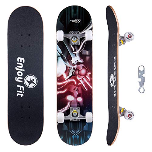 EnjoyFit Skateboard Komplettboard 80 x 20 cm mit ABEC-7 Kugellager 9-lagigem Ahornholz für Kinder Jungendliche und Erwachsene, Belastung 150kg (Blitz)