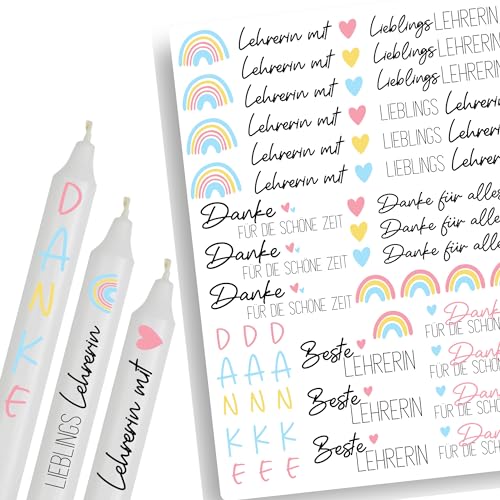 A4 Kerzentattoos Abschied für Lehrerinnen | Kerzenfolie für Kerzen | Tattoo Folie | Wasserschiebefolie für Stabkerzen | Geschenk für Lehrerin Grundschule Schule | Regenbogen in Rosa