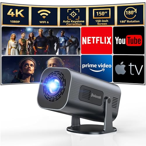 Polocsh Mini Beamer, 4k Heimkino Full HD 1080P, Projektor mit Android TV 11.0 Integriert WLAN6 und BT5.2, 150 Zoll Bildschirm Projector Unterstützung 180 Grad Drehung, Auto Keystone, Eisengrau