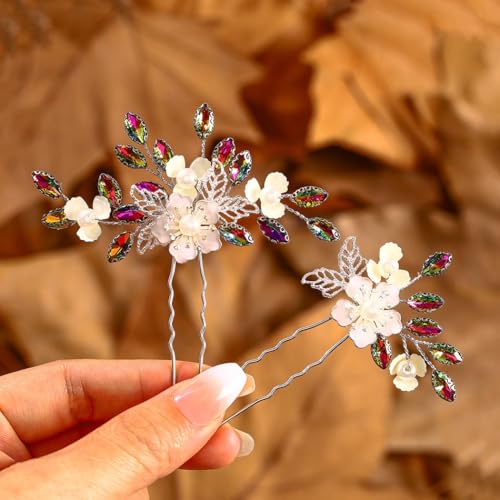 IYOU Braut Hochzeit Haarnadeln Funkelnde Kristall Grün Haarstücke Blume Bräute Haarschmuck für Frauen (2 Stück)