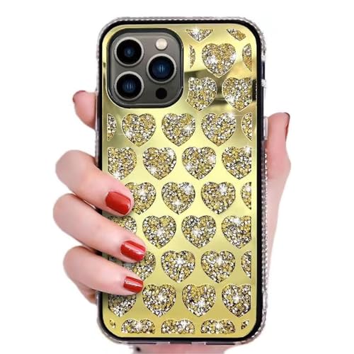 Rnrieyta Miagon Bling Diamant Hülle für iPhone 14 Plus,Spiegel Herz Glitzer Funkelnd Glänzend Steine Strass Schutzhülle Handyhülle für Frauen Mädchen,Gold