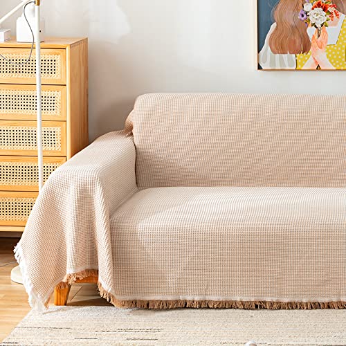 AmbAYZ Extra Große Überwurfdecke, Einfache Einfarbige Waben-Waben-Sofa-Handtuch-Quasten-Überwürfe Für Schlafsofa, Stuhl, Couchtisch,Khaki,180 X 300 cm