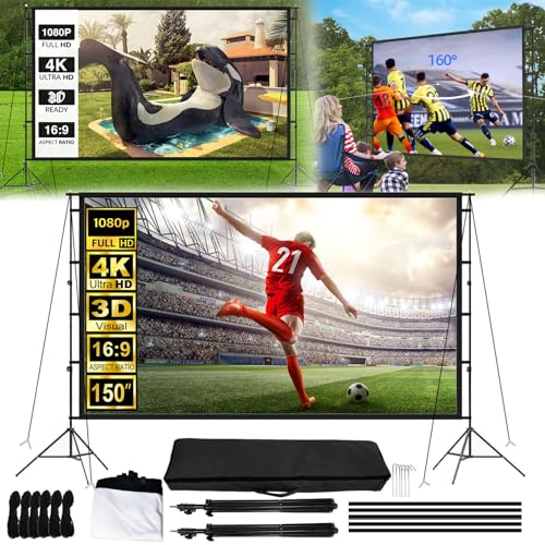 Leinwand Beamer, 150 Zoll /3.3 * 1.87M Projektionsleinwand mit Faltbarem Standfuß HD 16:9 4K 1080P Tragbare Filmleinwand mit Tragetasche Höhenverstellbar für Heimkino Büro Präsentation oder Schule