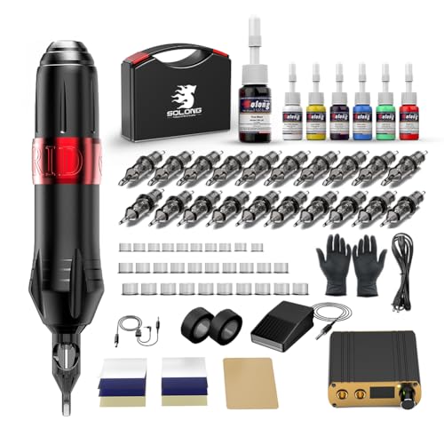 Solong Tattoo Hybrid Profi-Tattoomaschinen-Set Hochleistungsmotor, 20 Nadeln, Präzisions-LCD-Stromversorgung, Pedal, 7 Premium-Tinten & Tragekoffe