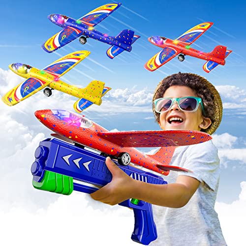 3 Pack Flugzeug Launcher Spielzeug Flugzeugbausätze, 12,6 Zoll LED Schaum Gleiter Katapult, 2 Flug Modi, fliegen, 3 4 5 6 7 8-12 Jahre alt Jungen Mädchen Geburtstag Geschenke(Blau)