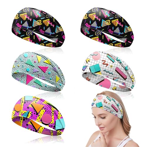 UILYNIU Kopftücher mit Retro-Druck weich, 80er-/90er-Jahre, Damen-Accessoires, Neon-Bandana, Stirnband, Yoga, Sport, Haarbänder, Party, Wandern, Radfahren, Laufen, Haarschmuck (5 Stück, M)