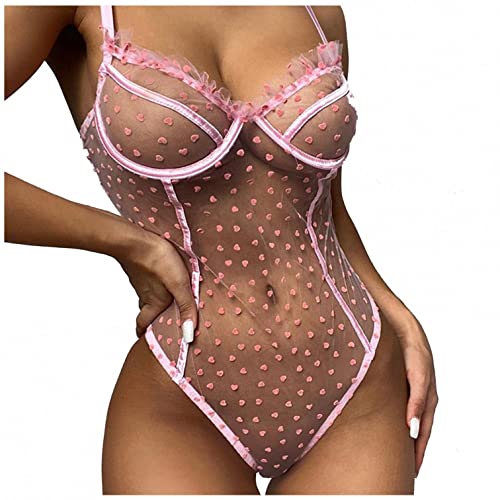 Zshosam Reizwäsche Set für Damen Valentinstag Spitze Unterwäsche Pyjamas BH und Unterhose Braut Nachtwäsche Babydoll Geschenk, X19 Rosa, L