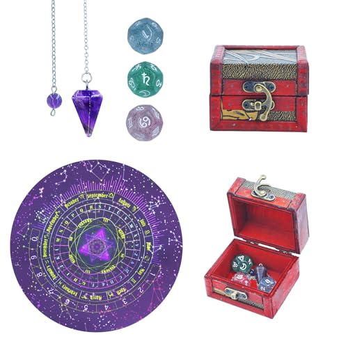 Knana 6-teiliges Tarot-Würfel-Astrologie-Würfel-Set – Sternbild-Pendelbrett mit Amethyst-Kristallpendel, Tarot-Wahrsagungswerkzeug, Tarot-Zubehör für Anfänger