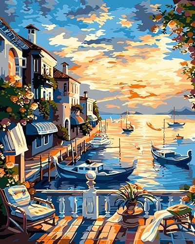 jieyisier Malen Nach Zahlen Erwachsene,Paint by Numbers Adult Landschaft,Malen Nach Zahlen für Erwachsene Zuhause Wanddekoration 16x20 Zoll(Die Uferpromenade)