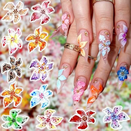 30Stück Bunt Gelee Weich Kleber Lilie Flower Nail Charms Frühling Sommer 3D Blume Charms Nägel Eis Kristall Geprägt Farbverlauf Lilien Blumen Nagel Charms Kunstharz Punkt Petal Flowers Nails Charms