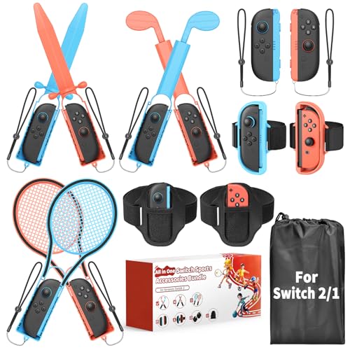 Lagerzubehör Switch Sports Zubehör-Set für Nintendo Switch 2/Switch/OLED, 13-in-1 Familien-Party-Kit mit Tragetasche – Tennisraketen/Golfschläger/Schwerter/Griffe/Beinstraps & Handgelenks-Straps