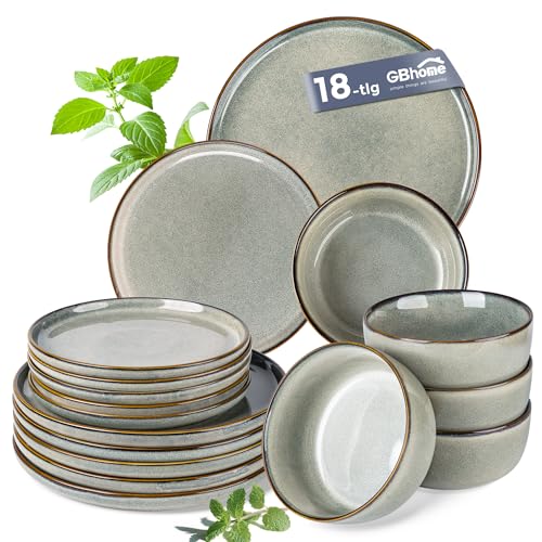 GBhome Geschirrset 6 Personen, 18-tlg Reaktive Glasur Handarbeit Steingut Geschirr Set, Mikrowellen- & Spülmaschinenfest Schüssel- und Teller Set
