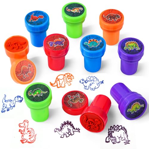 OSDUE 10 Stück Stempel Kinder, Kinder Briefmarken, Stempelset Tiere, Selbstfärbend für Kinder, Niedliche Spielzeugstempel aus Plastik, Spiel, Spaß, Hobby und mehr(Dinosaurier)