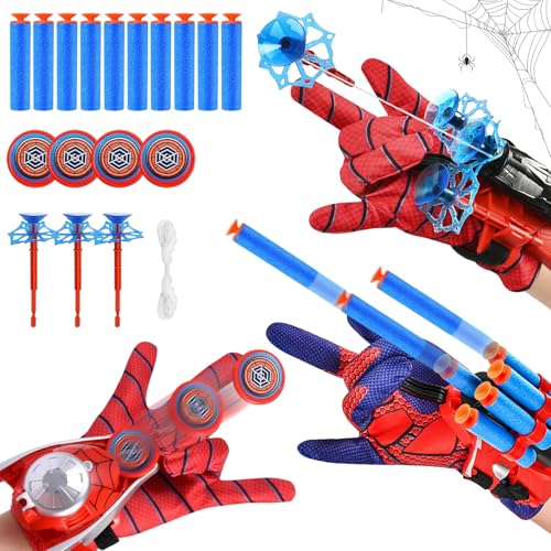 3 Set Spiderm Launcher Handschuh,Spiderm Handschuhe,Super Spiderm Launcher,Kids Spiderm Hero Handschuhe mit Saugnapf-Darts und Frisbee,Spiderm netzwerfer,Spiderm Hero Handschuhe,Geschenk für Kinder(B)