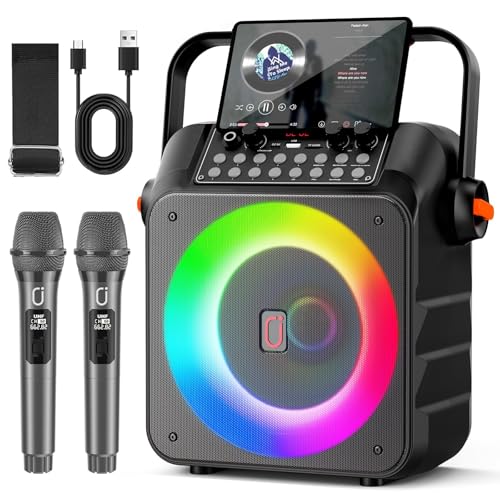 HWWR Karaoke Maschine mit 2 drahtlosen Mikrofones, Tragbaren Karaoke Anlage Lautsprecher mit RGB-Licht für Hausparty, PA-System für ErwachsenePartybox Unterstützt,TWS