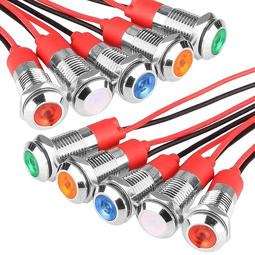 Aicharynic 10 Stück Kontrollleuchte, 6mm LED Kontrollleuchte 12V Metall Kontrollleuchte mit Draht, Signalleuchte Wasserdichte Signallampe (Rot Weiß Gelb Grün und Blau je 2 Stück)