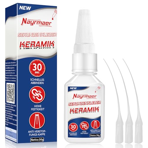 Nayrmaer Keramikkleber, 30g Wasserfester Porzellankleber, Hohe Festigkeit Sekundenkleber für Keramik, Porzellan & Ton, mit Anti-Verstopfungskappe